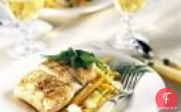 Halibut scottato in padella con verdure per bambini saltate