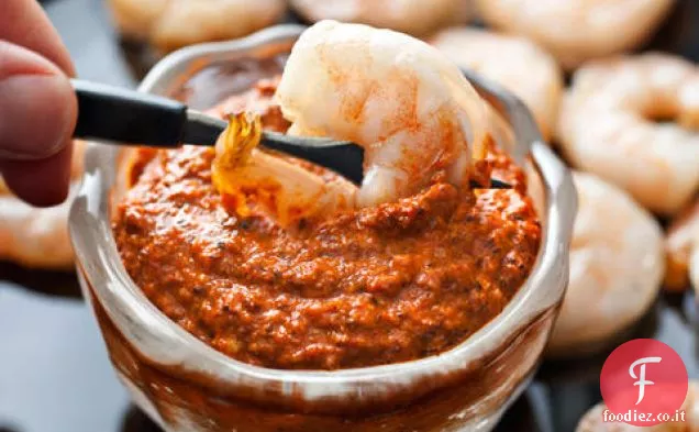 Gamberi arrosto con salsa Romesco