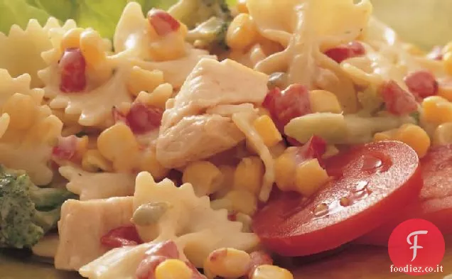 Insalata di pasta di pollo con condimento al pepe rosso arrosto