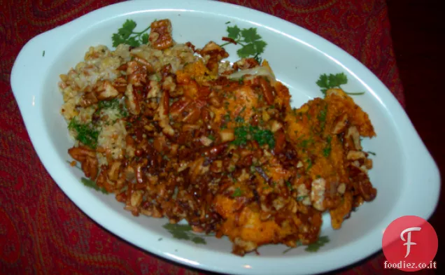 Merluzzo in crosta di farina di mais con noci pecan e cocco