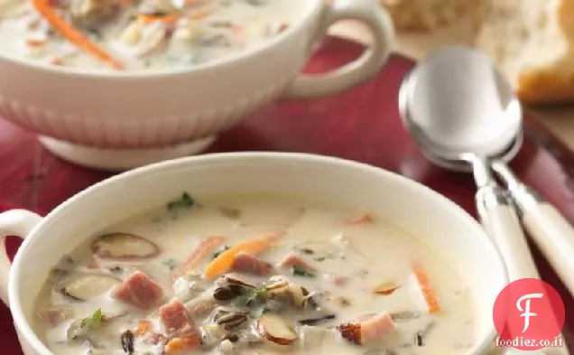 Prosciutto cremoso a cottura lenta e zuppa di riso selvatico