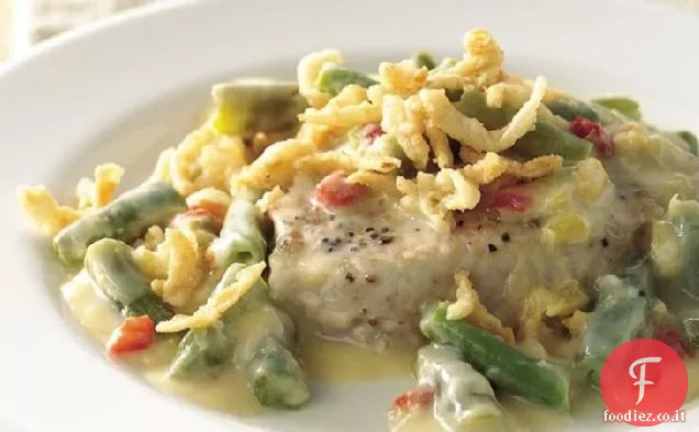 Braciola di maiale e casseruola di fagioli verdi