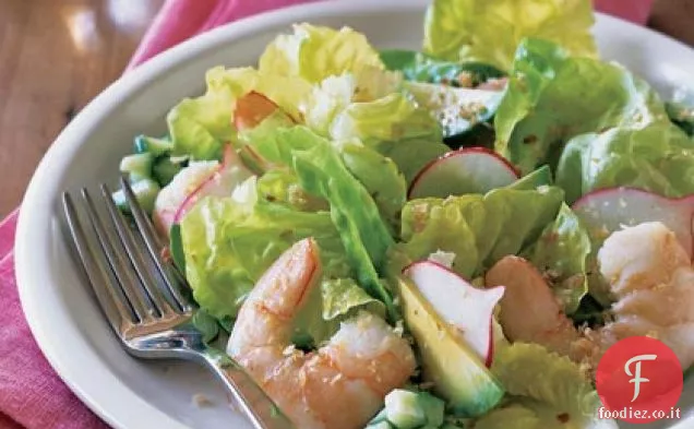 Insalata di gamberi in camicia e lattuga al burro con vinaigrette al limone e arancia