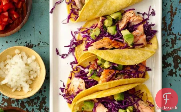 Tacos di salmone alla griglia con Guacamole grosso