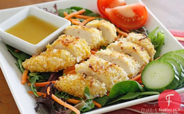 Insalata di pollo al cocco con miele caldo Vinaigrette di senape