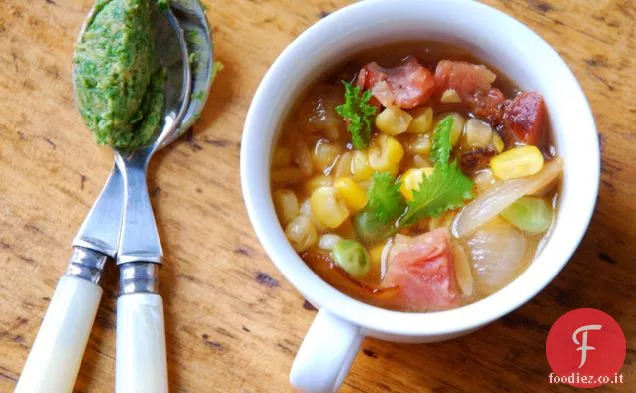 Minestrone di Succotash Con Senape Verde e Pesto di Miso