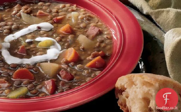 Lenticchie a cottura lenta e zuppa di pancetta canadese