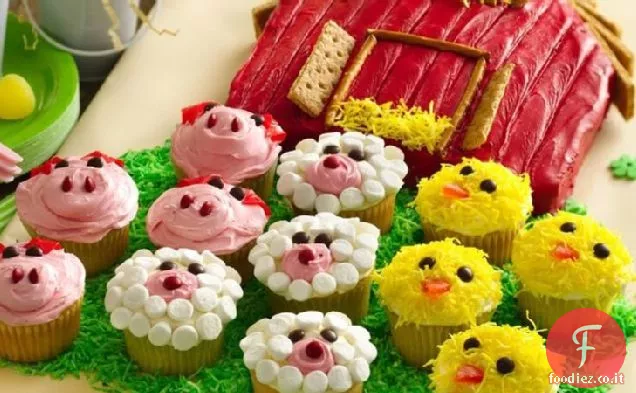 Torta fienile con Cupcakes animali da fattoria