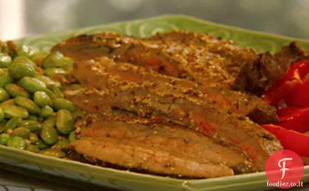 Bistecca di fianco con edamame saltata e salsa di senape al wasabi