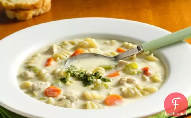 Crema di pollo Noodle zuppa con pesto pioggerellina