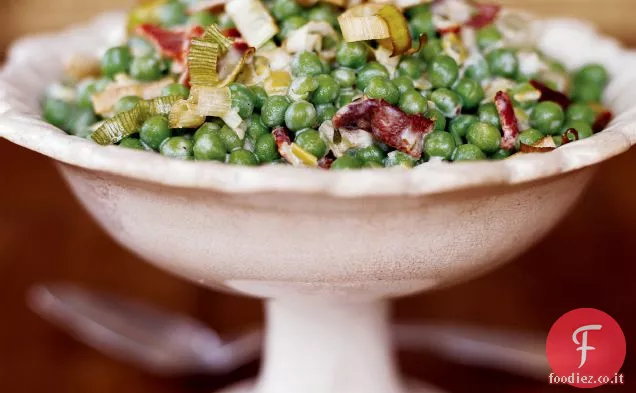 Piselli con Pancetta e Porri croccanti