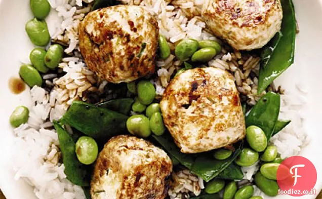 Polpette di pollo Teriyaki con Edamame e piselli