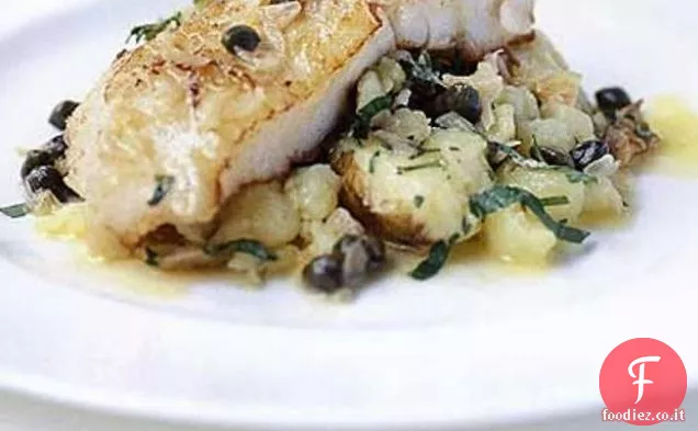 Halibut con Cappero Beurre Blanc & schiacciato Jersey Royals