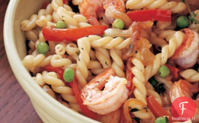 Gemelli Con Gamberi, Peperoni Rossi e Piselli
