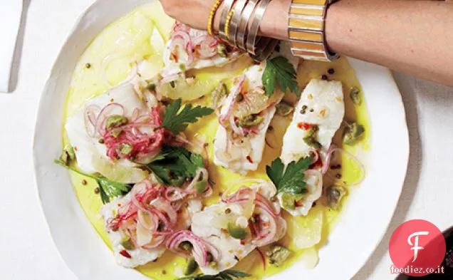 Merluzzo con limone, oliva verde e cipolla