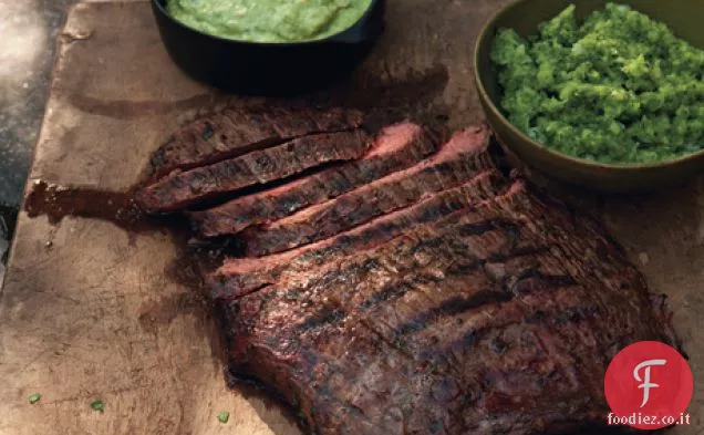Bistecca al fianco marinata di birra con Aji e Guacamole
