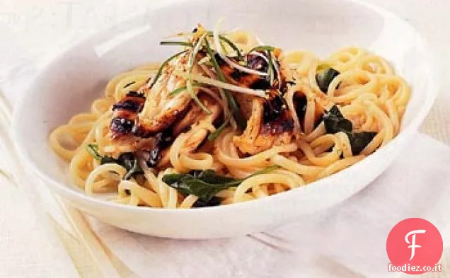 Udon refrigerato con pollo e spinaci dolci e piccanti