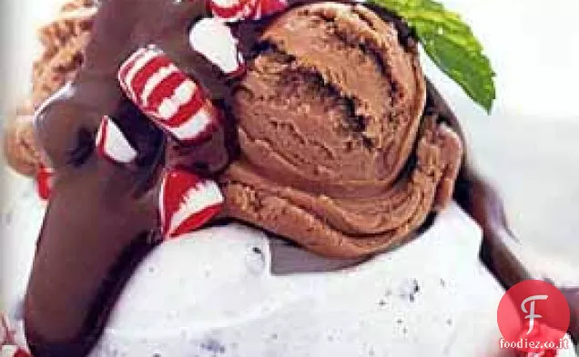 Meringhe al cioccolato con gelato, caramelle alla menta e salsa al cioccolato e menta