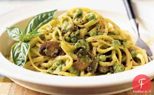 Linguine con Crema di Basilico e Piselli