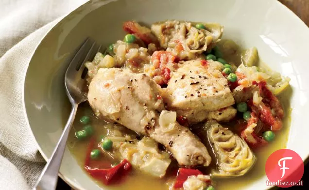 Tagine di pollo con cuori di carciofo e piselli