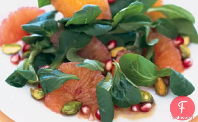 Insalata di Mâche con Arance Rosse, pistacchi e melograno