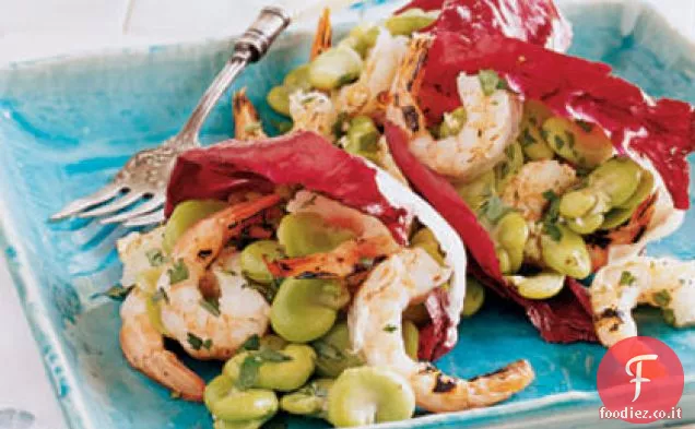 Insalata di Fave e Gamberi alla griglia in tazze di Radicchio