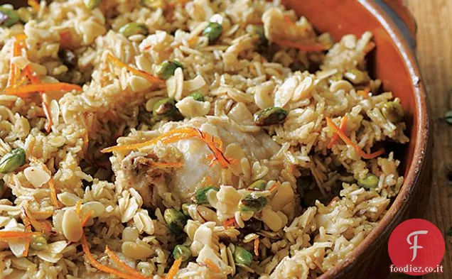 Pollo brasato e riso con Arancia, Zafferano, Mandorle e Sciroppo di pistacchio