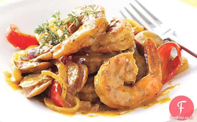 Andouille Salsiccia e gamberetti con salsa di senape creola