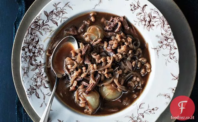 Zuppa di coda di bue con cipolle e orzo