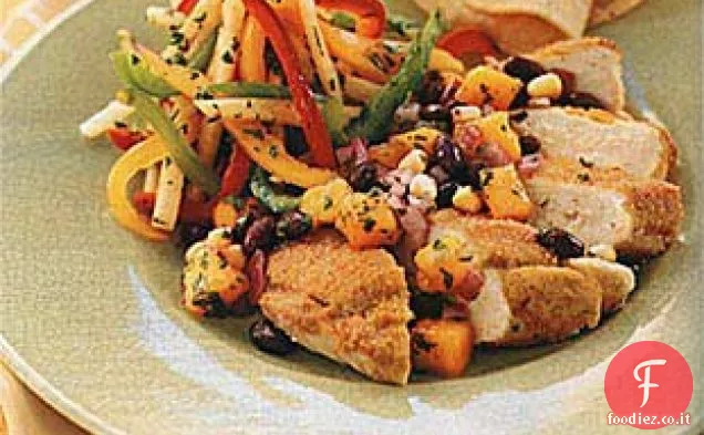 Petti di Pollo con farina di mais-Crosta di Coriandolo e fagioli neri-Salsa di Mango