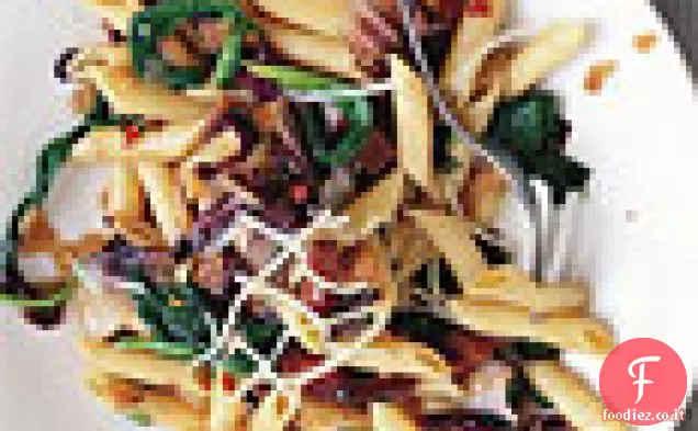 Penne con Radicchio, Spinaci e Pancetta