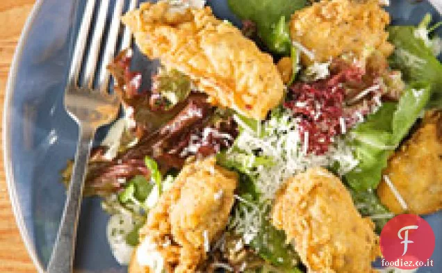 Verdure con ostriche fritte e condimento al latticello