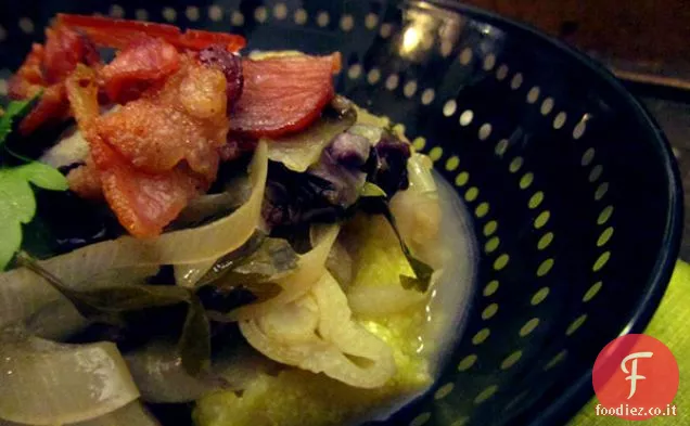 Porri brasati e Finocchio con pancetta e Polenta