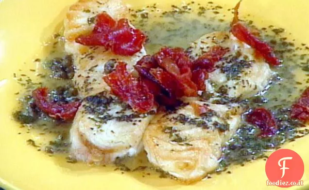 Halibut arrosto in padella con Prosciutto, Limone, Vino bianco e capperi