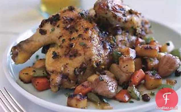 Galline di selvaggina arrosto con ortaggi a radice caramellati e salsa di ribes essiccato