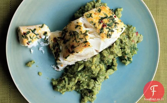 Halibut su purè di fave con menta