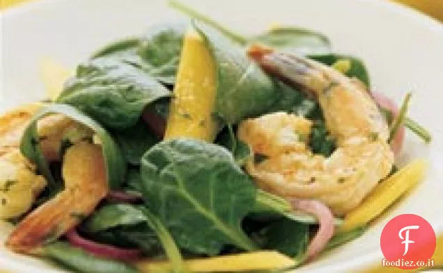 Insalata di spinaci con gamberi speziati e Mango