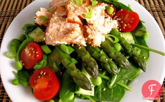 Salmone Teriyaki e asparagi, insalata di spinaci