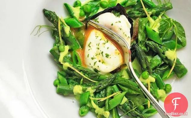 Insalata primaverile di asparagi, rampe, piselli e piselli, con uovo in camicia e vinaigrette di scorza di limone