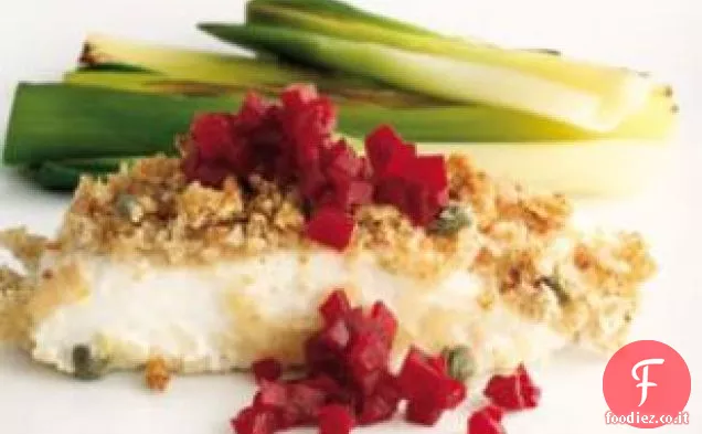 Halibut arrosto con barbabietole in salamoia (stegte Helleflynder Med Rød