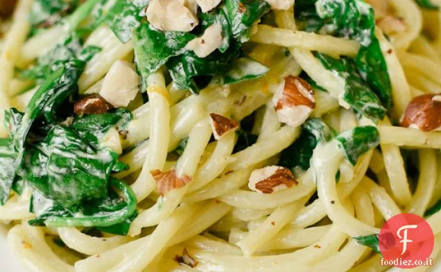Spaghetti al Mascarpone, Limone Meyer, Spinaci e Nocciole