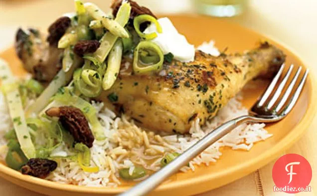 Pollo brasato con Asparagi bianchi e spugnole Sauté con Crème Fraîche