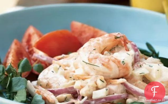 Insalata di gamberetti e fagioli bianchi con salsa cremosa al limone e aneto