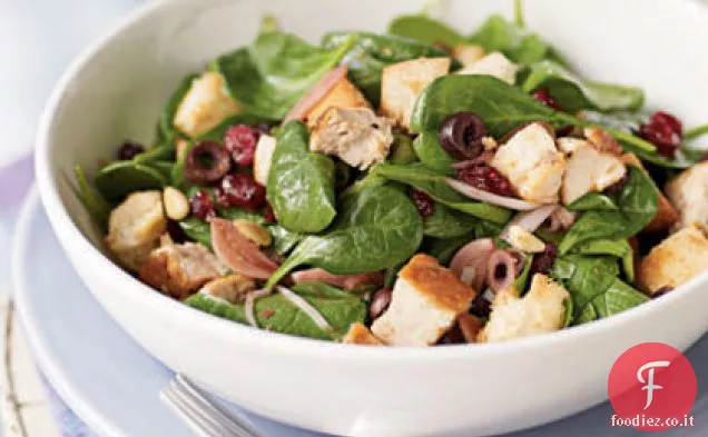 Insalata di pane con mirtilli rossi, spinaci e pollo