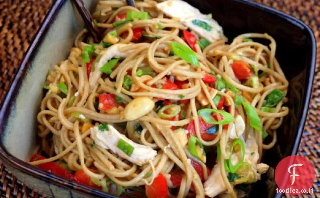 Insalate gravi: insalata di noodle di pollo asiatico con condimento allo zenzero e arachidi