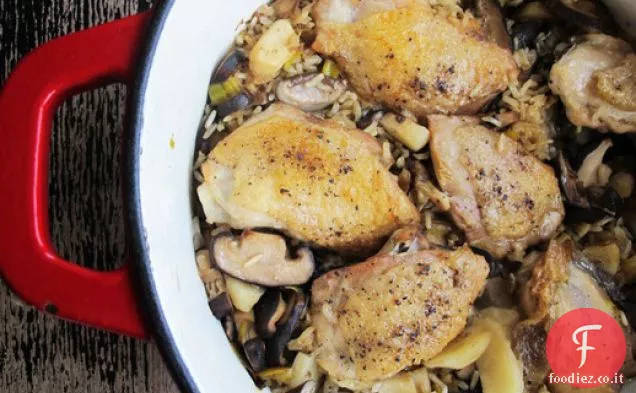 Pollo al sesamo, shiitake e riso integrale