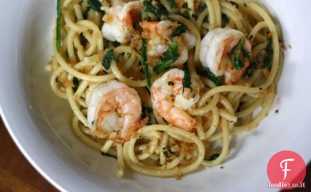 Bucatini con Gamberi piccanti, Rucola e Pangrattato