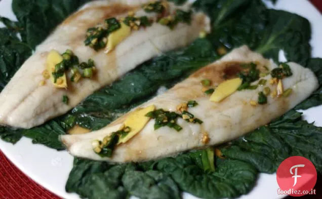 Walleye al vapore con Tatsoi, zenzero e scalogno