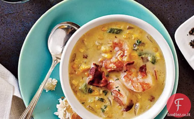 Pancetta-Zuppa di mais con gamberetti