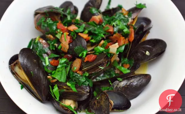 Cozze cremose con pancetta affumicata e sidro duro
